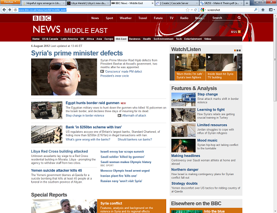 BBC News Middle East front page, August 6, 2012